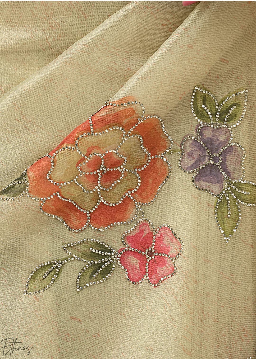 Beige Ivory Big Floral Organza Silk Saree