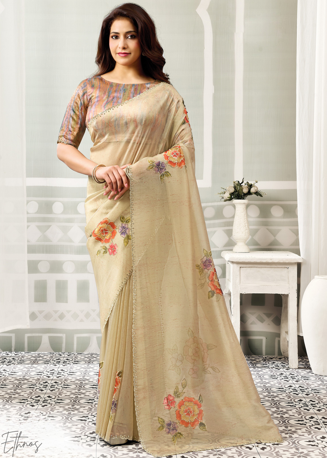 Beige Ivory Big Floral Organza Silk Saree