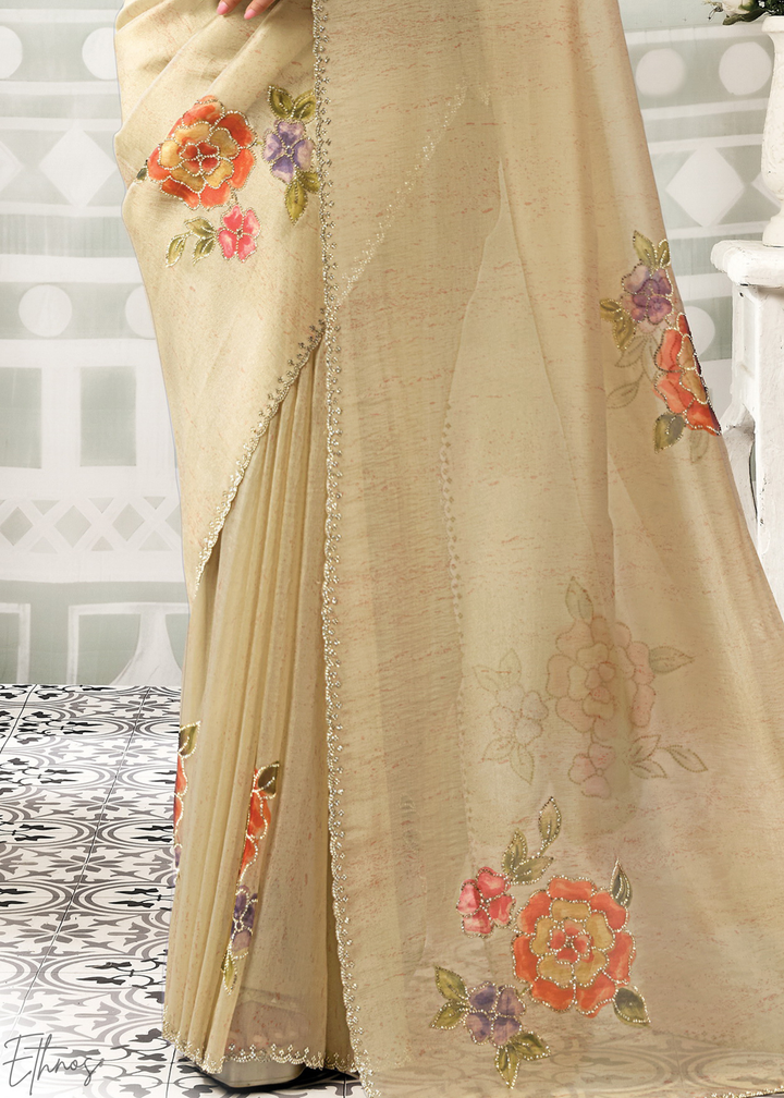 Beige Ivory Big Floral Organza Silk Saree