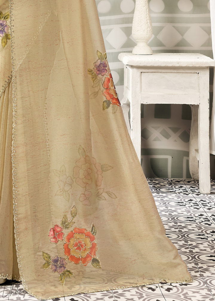 Beige Ivory Big Floral Organza Silk Saree