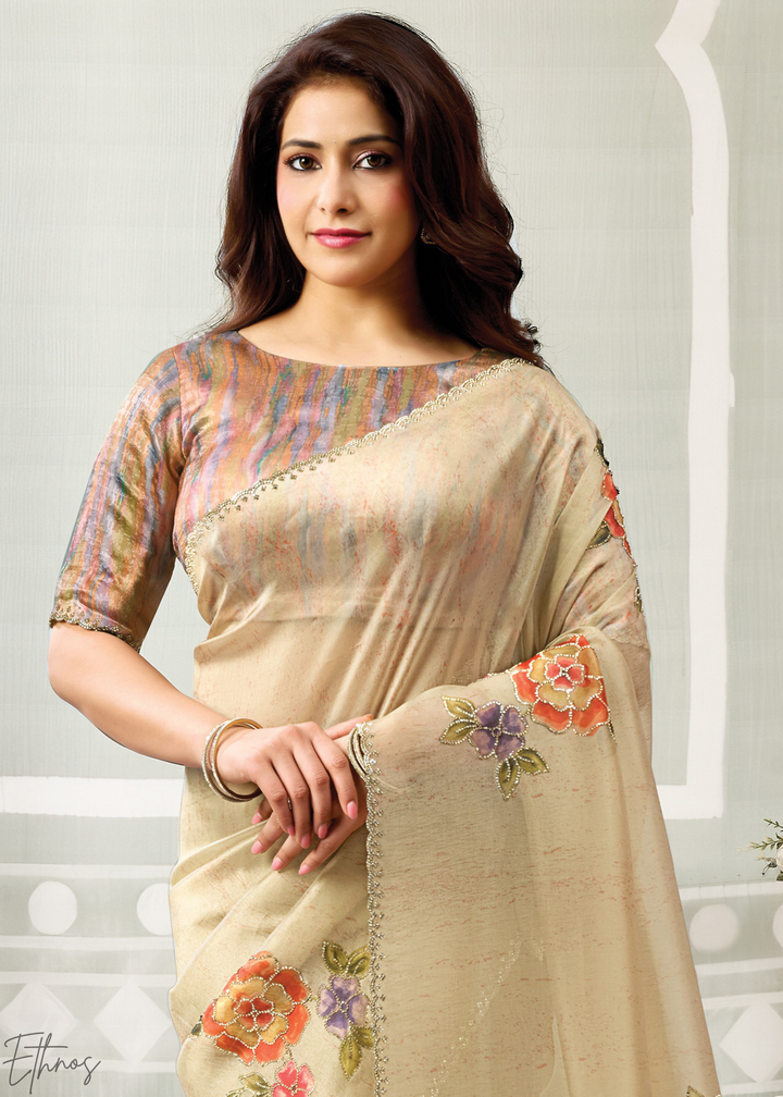 Beige Ivory Big Floral Organza Silk Saree