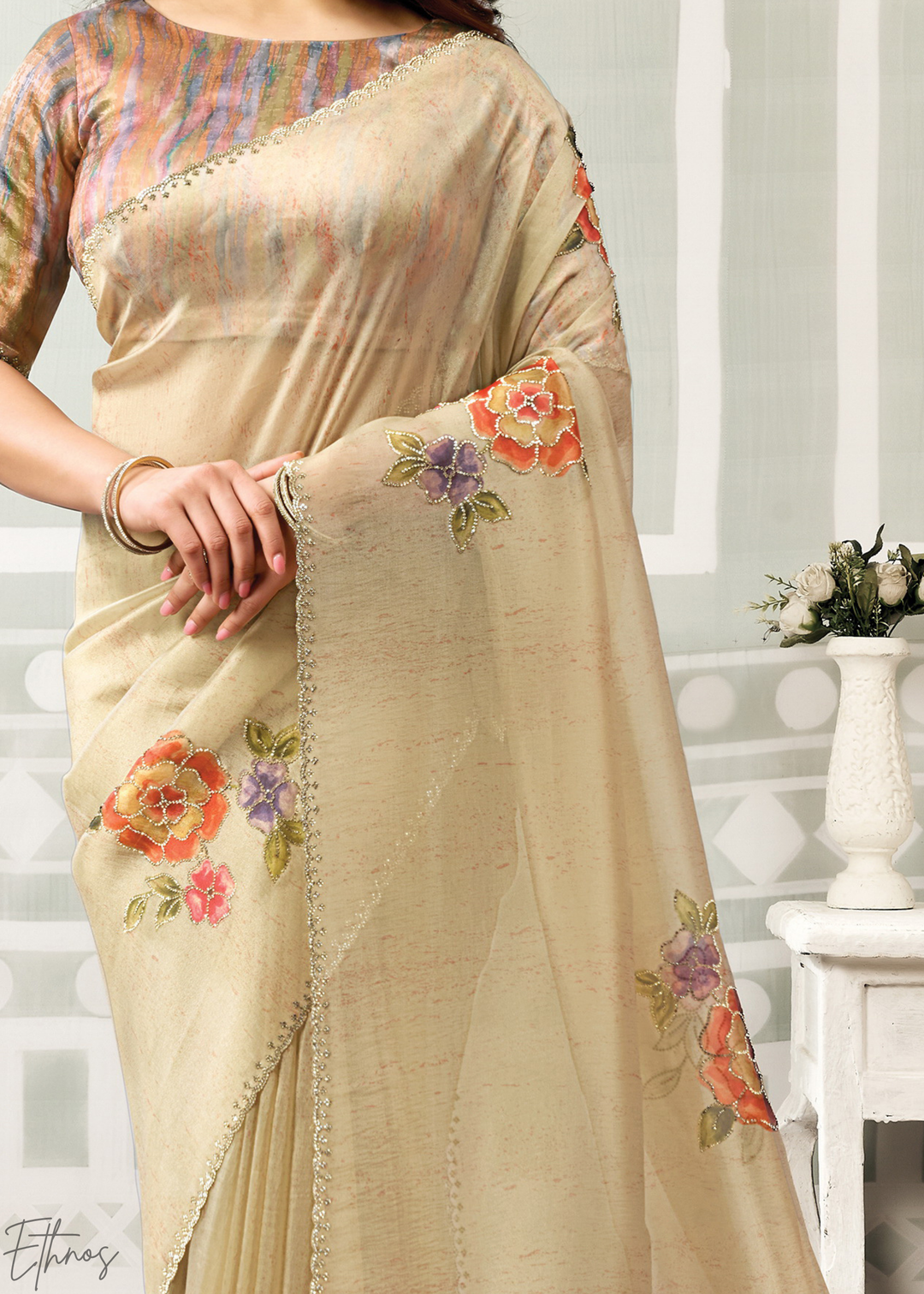 Beige Ivory Big Floral Organza Silk Saree