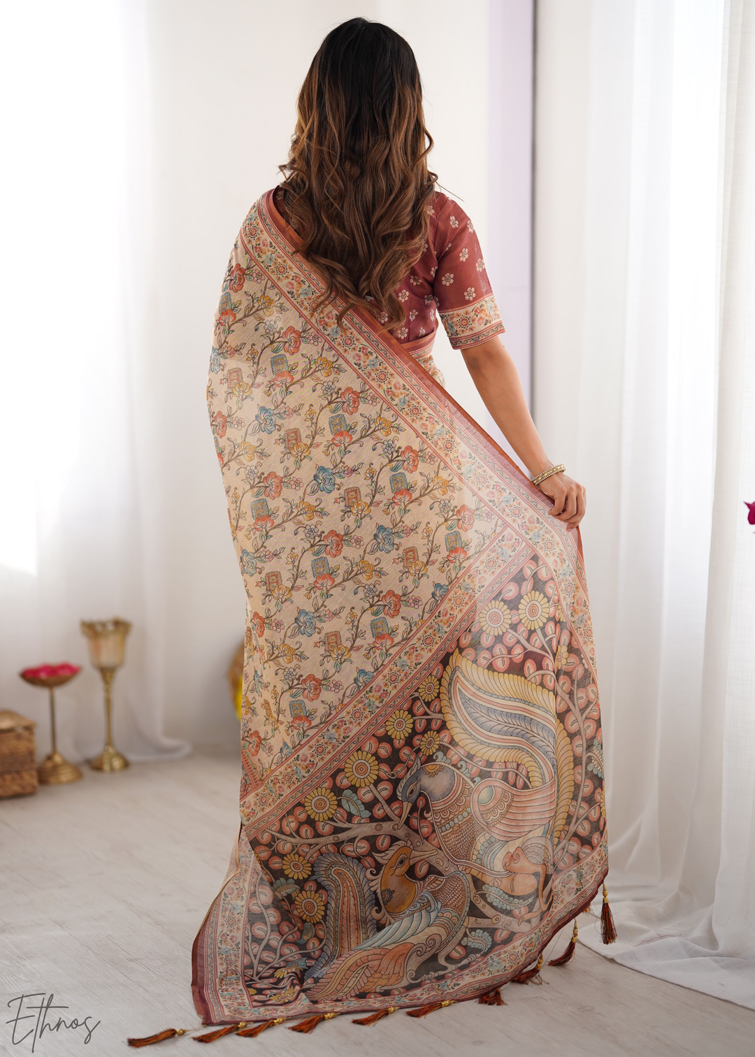 Beige & Maroon Heritage Cotton Linen Saree