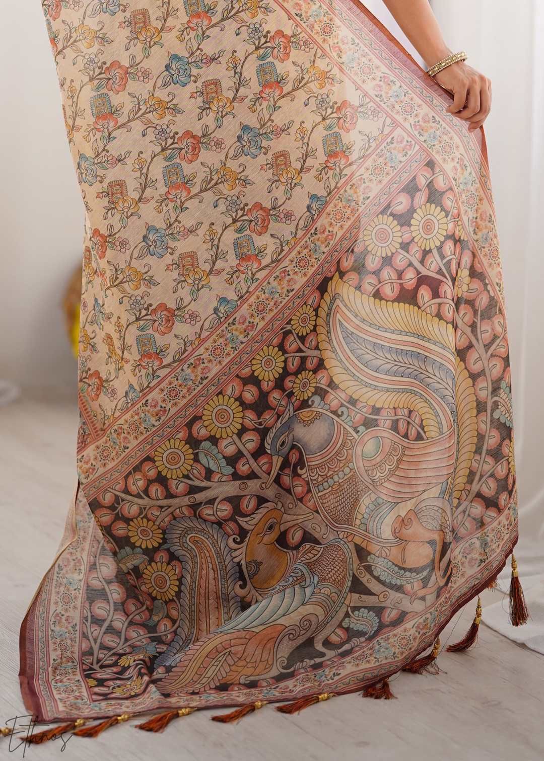 Beige & Maroon Heritage Cotton Linen Saree