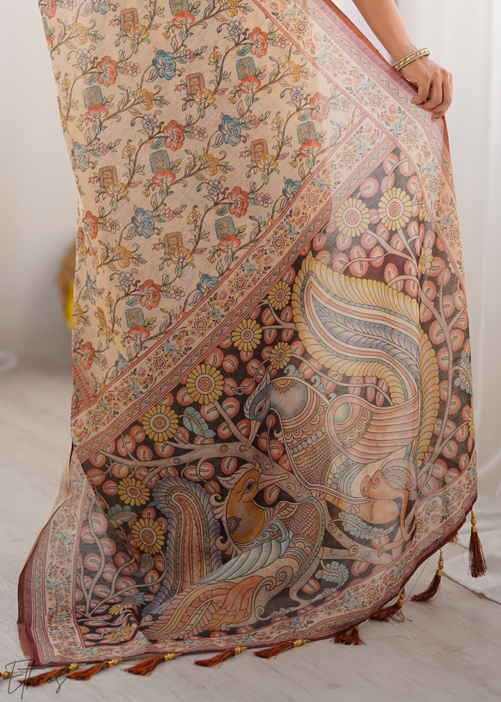 Beige & Maroon Heritage Cotton Linen Saree