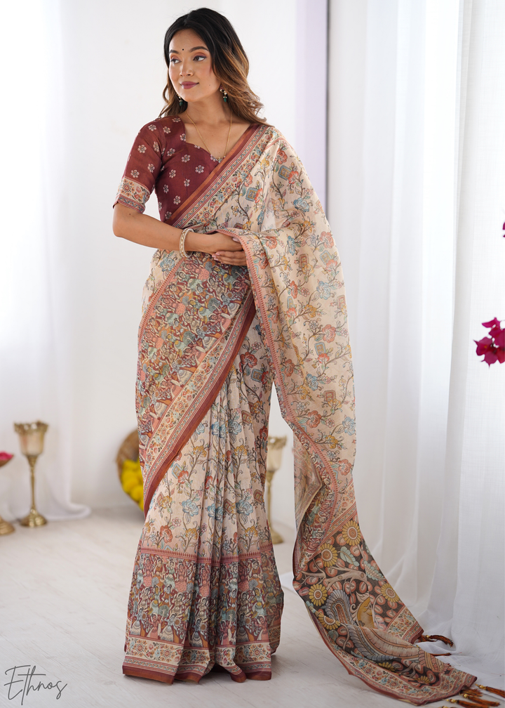 Beige & Maroon Heritage Cotton Linen Saree