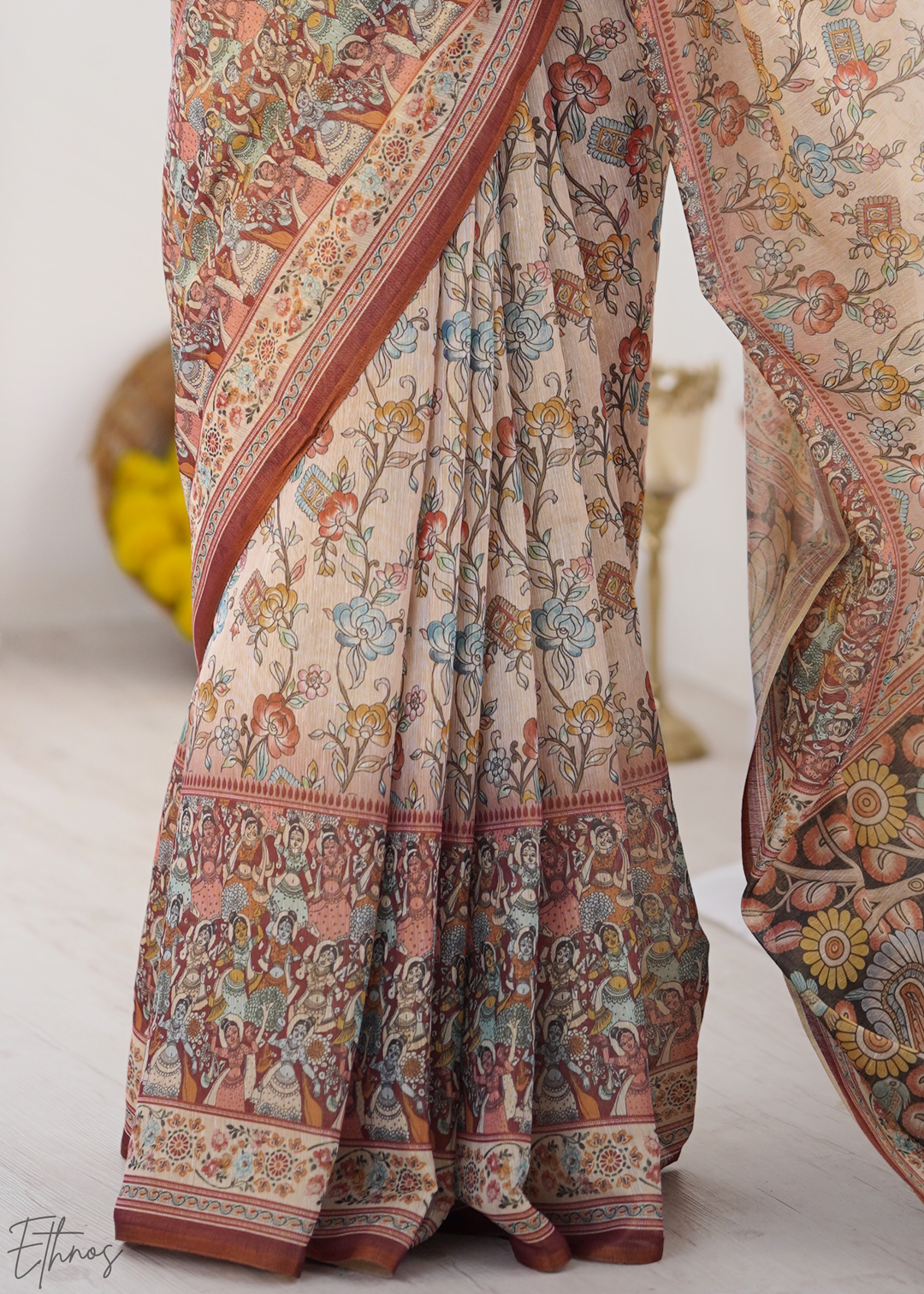 Beige & Maroon Heritage Cotton Linen Saree