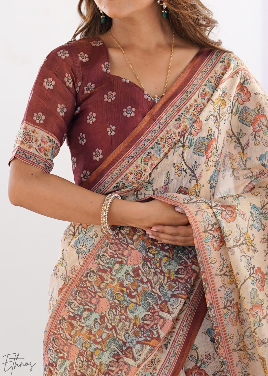 Beige & Maroon Heritage Cotton Linen Saree
