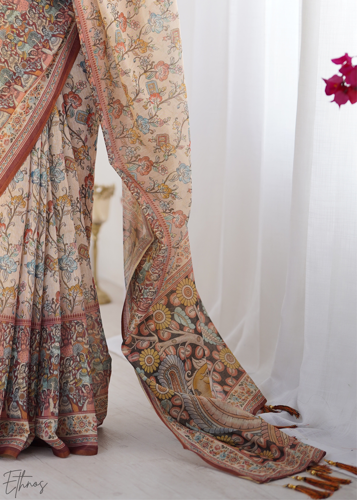 Beige & Maroon Heritage Cotton Linen Saree