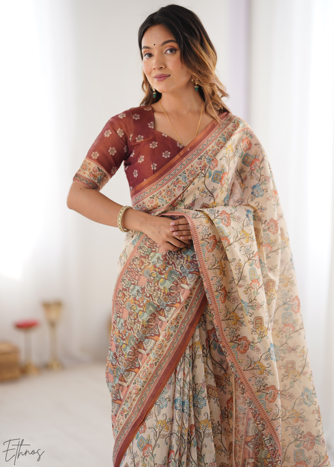 Beige & Maroon Heritage Cotton Linen Saree