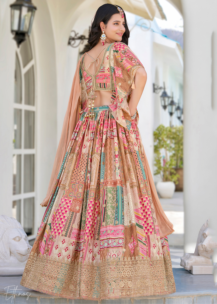 Beige Printed Embroidered Chinon Silk Lehenga