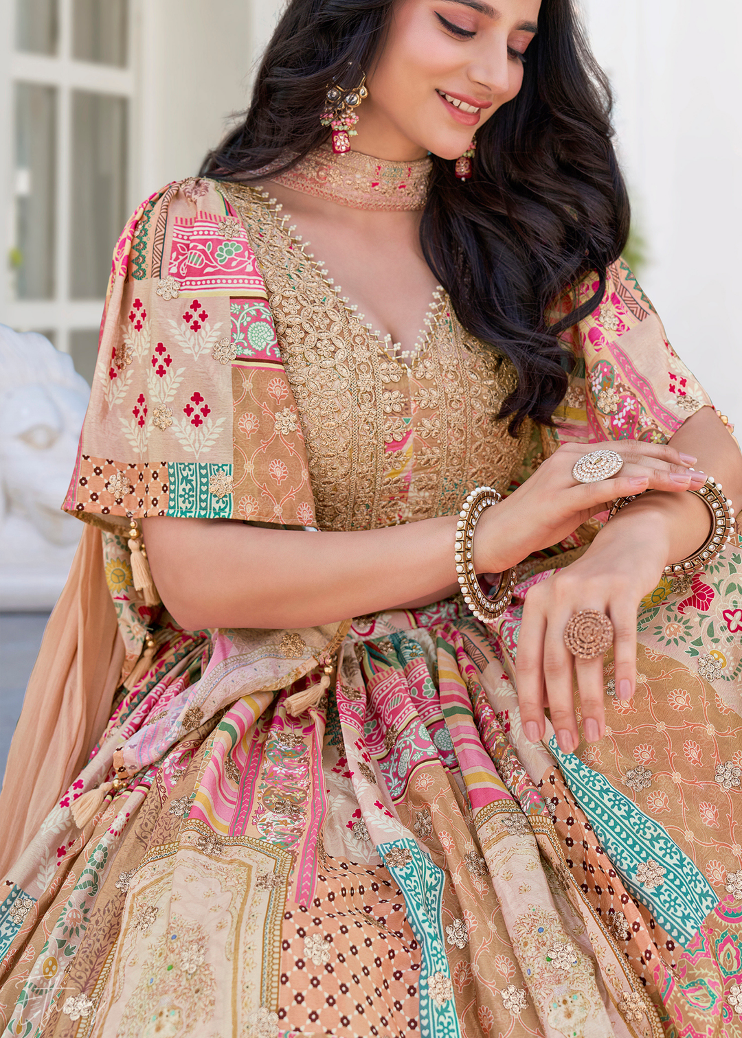 Beige Printed Embroidered Chinon Silk Lehenga