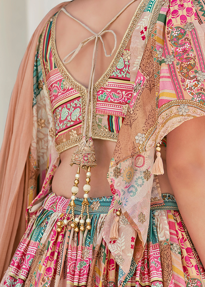 Beige Printed Embroidered Chinon Silk Lehenga