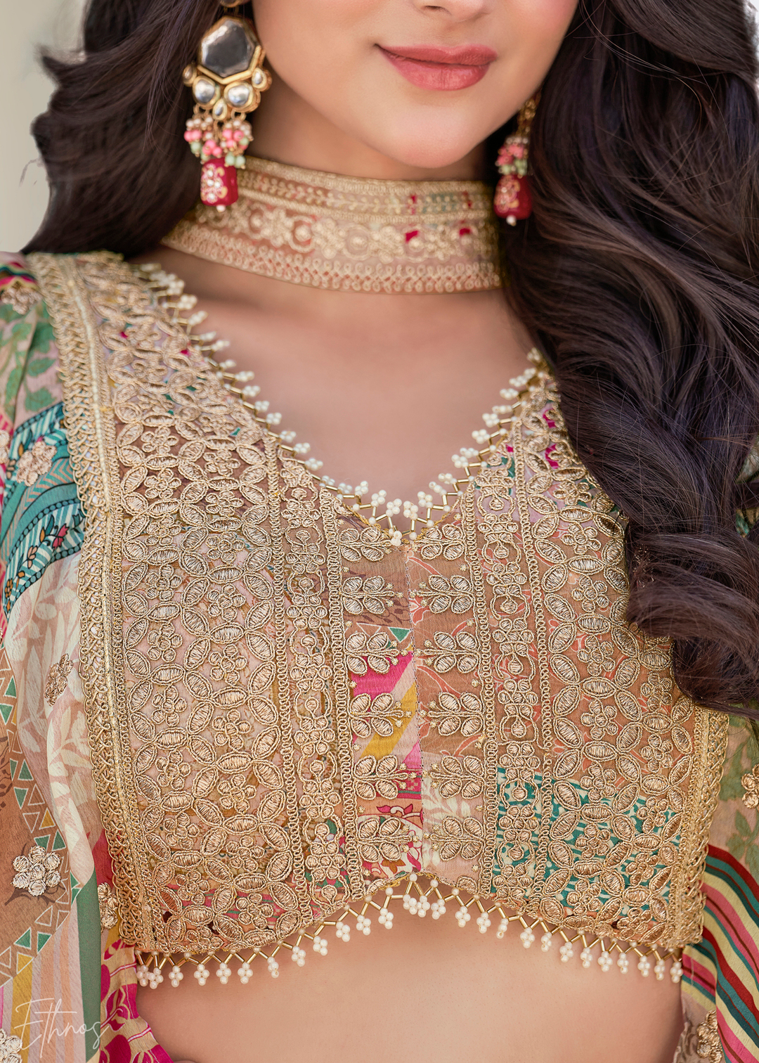 Beige Printed Embroidered Chinon Silk Lehenga