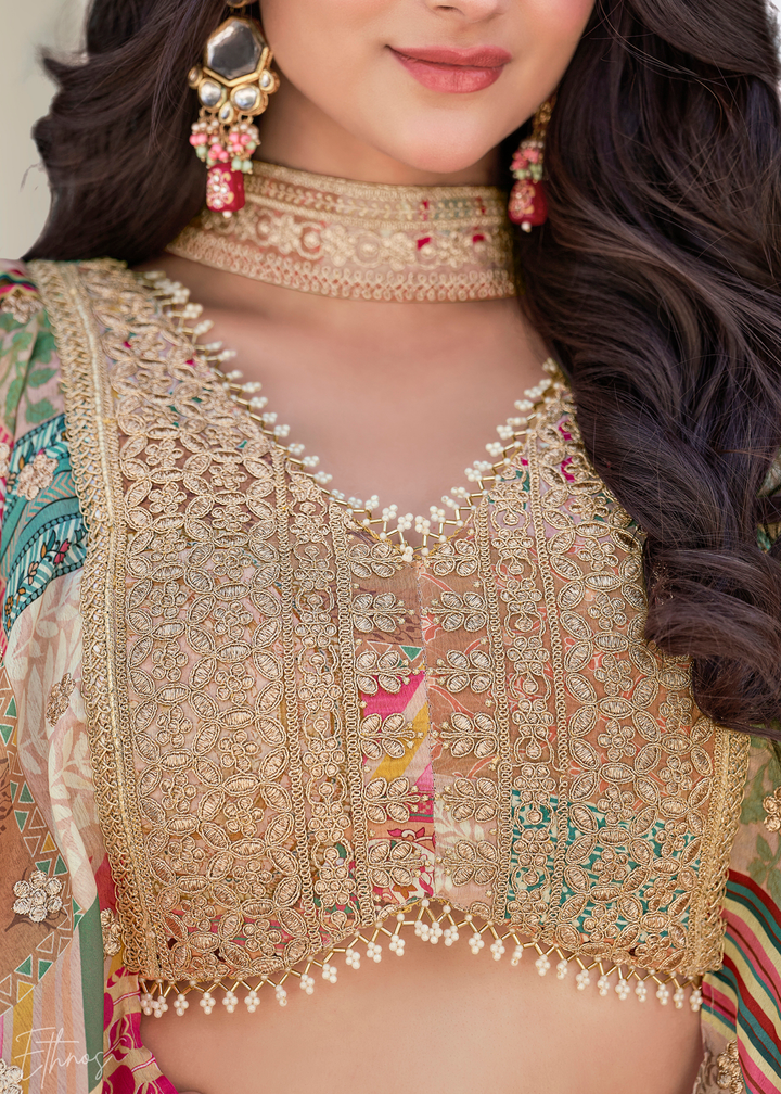 Beige Printed Embroidered Chinon Silk Lehenga