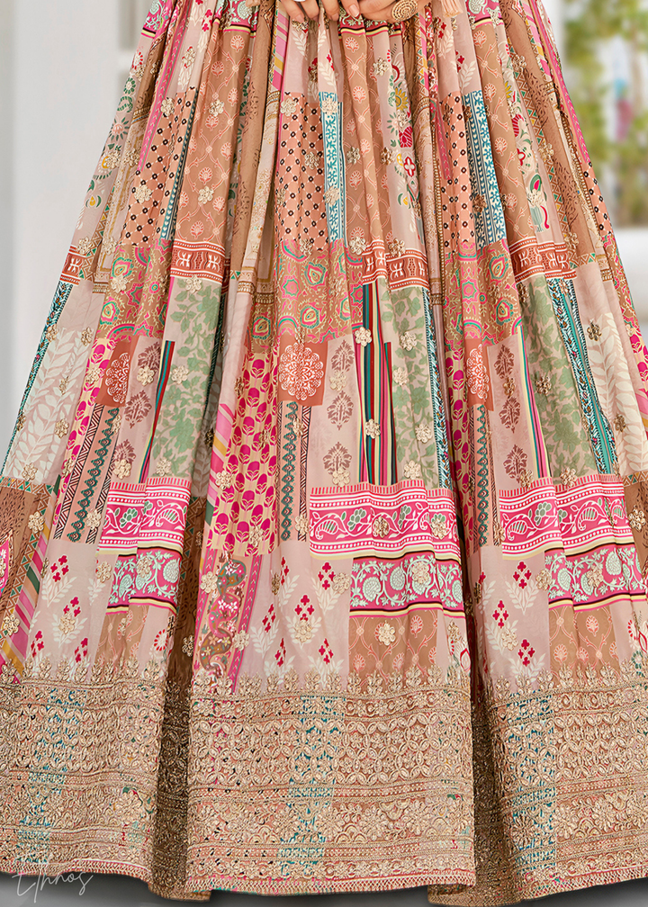 Beige Printed Embroidered Chinon Silk Lehenga