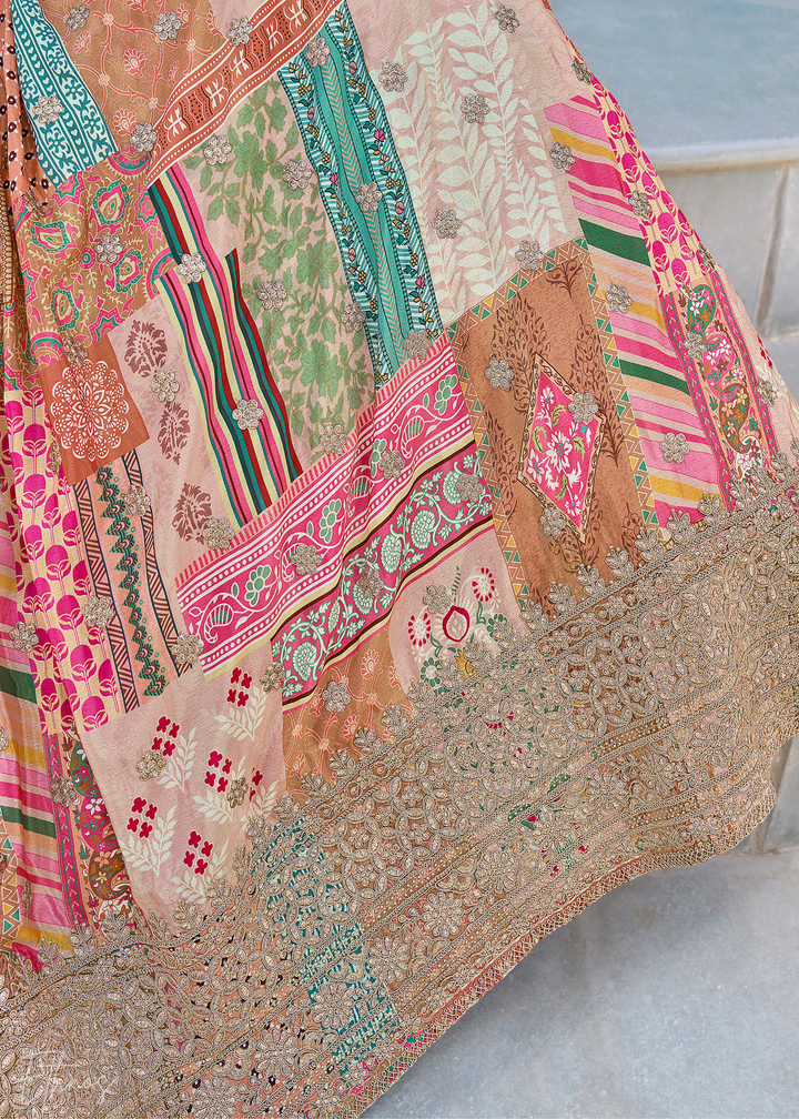 Beige Printed Embroidered Chinon Silk Lehenga