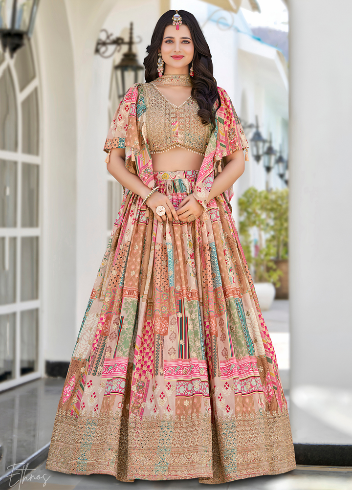 Beige Printed Embroidered Chinon Silk Lehenga