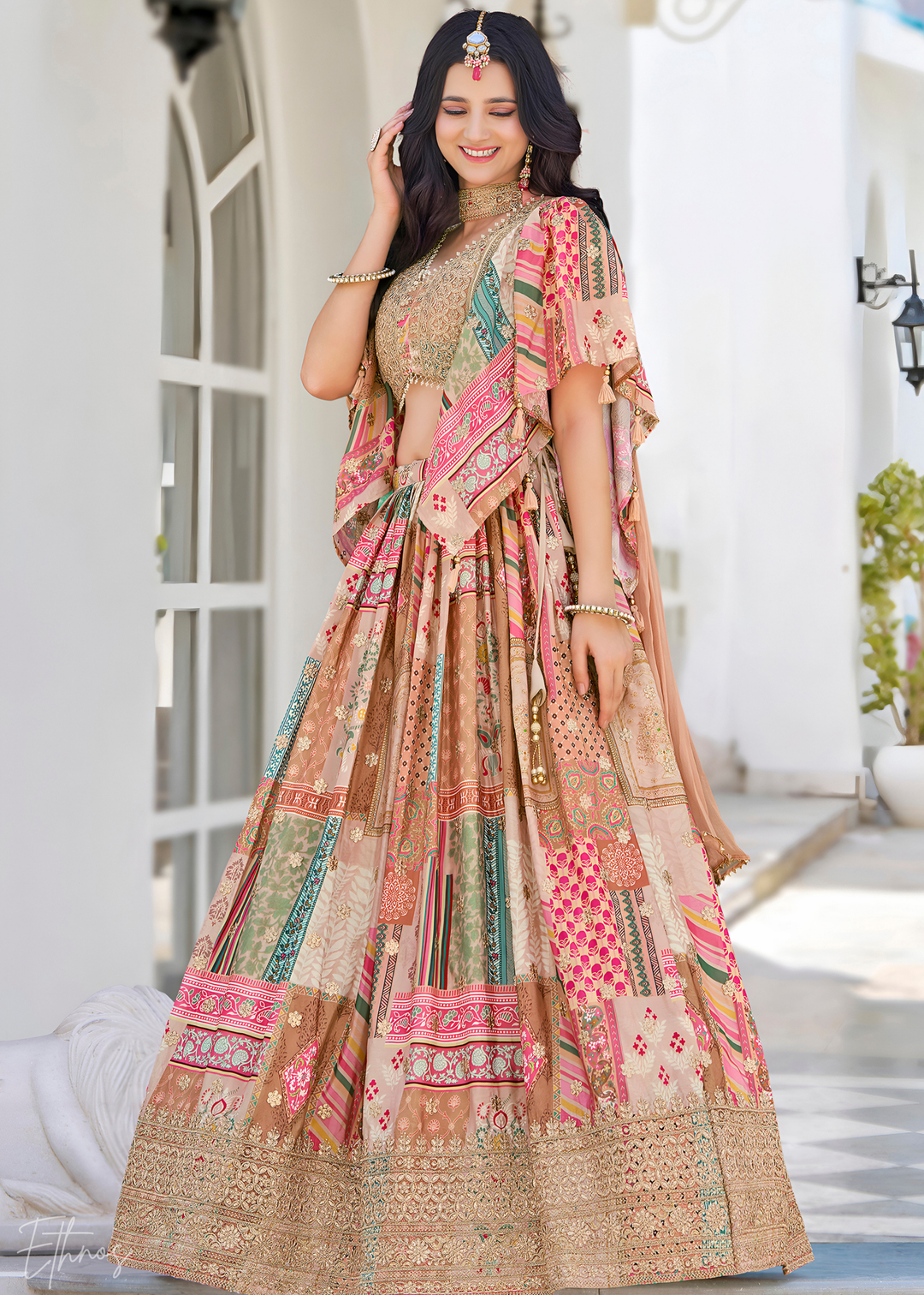 Beige Printed Embroidered Chinon Silk Lehenga