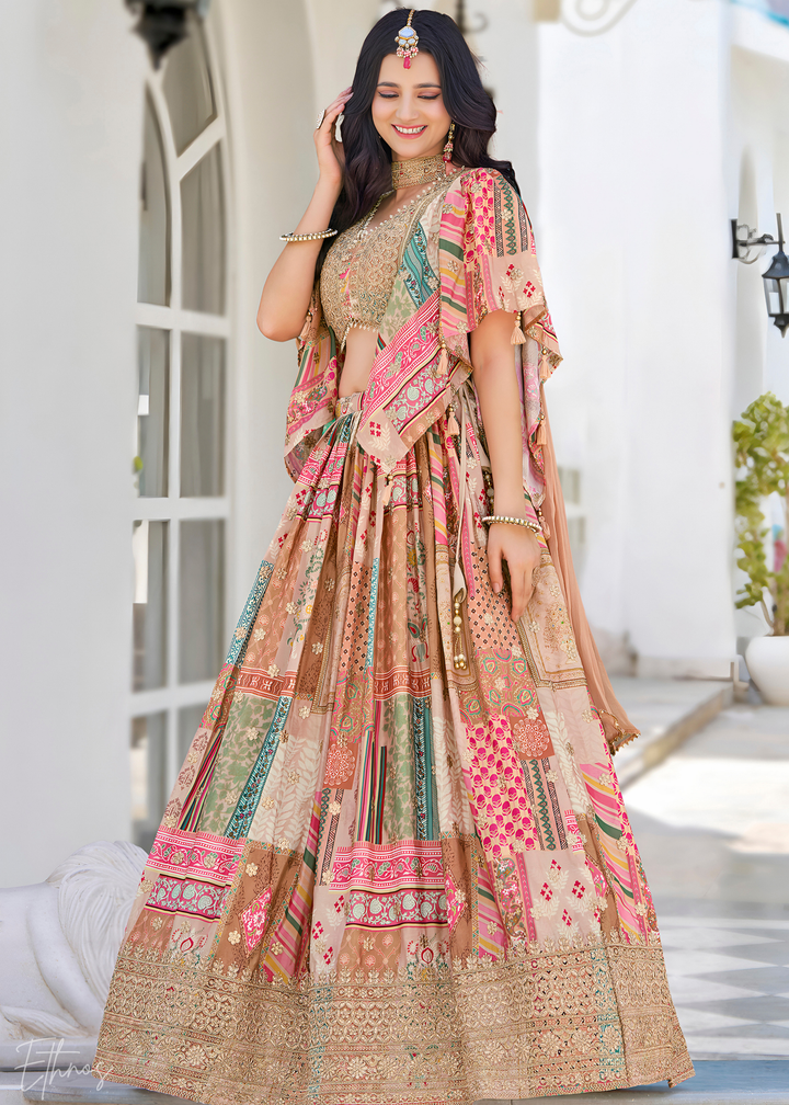 Beige Printed Embroidered Chinon Silk Lehenga