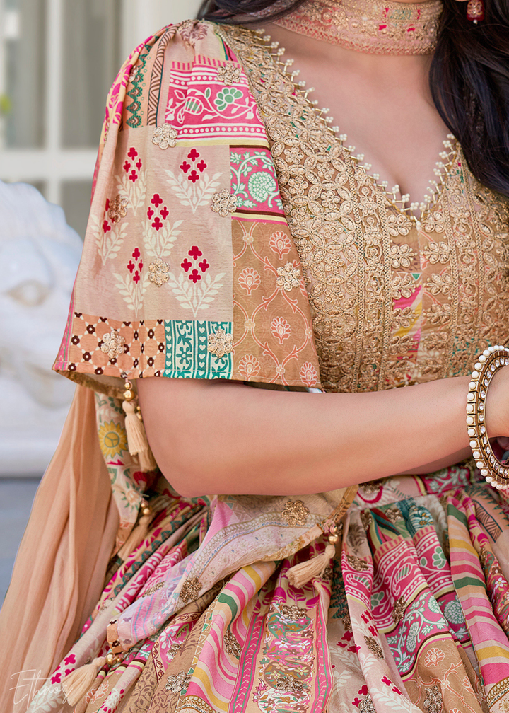 Beige Printed Embroidered Chinon Silk Lehenga