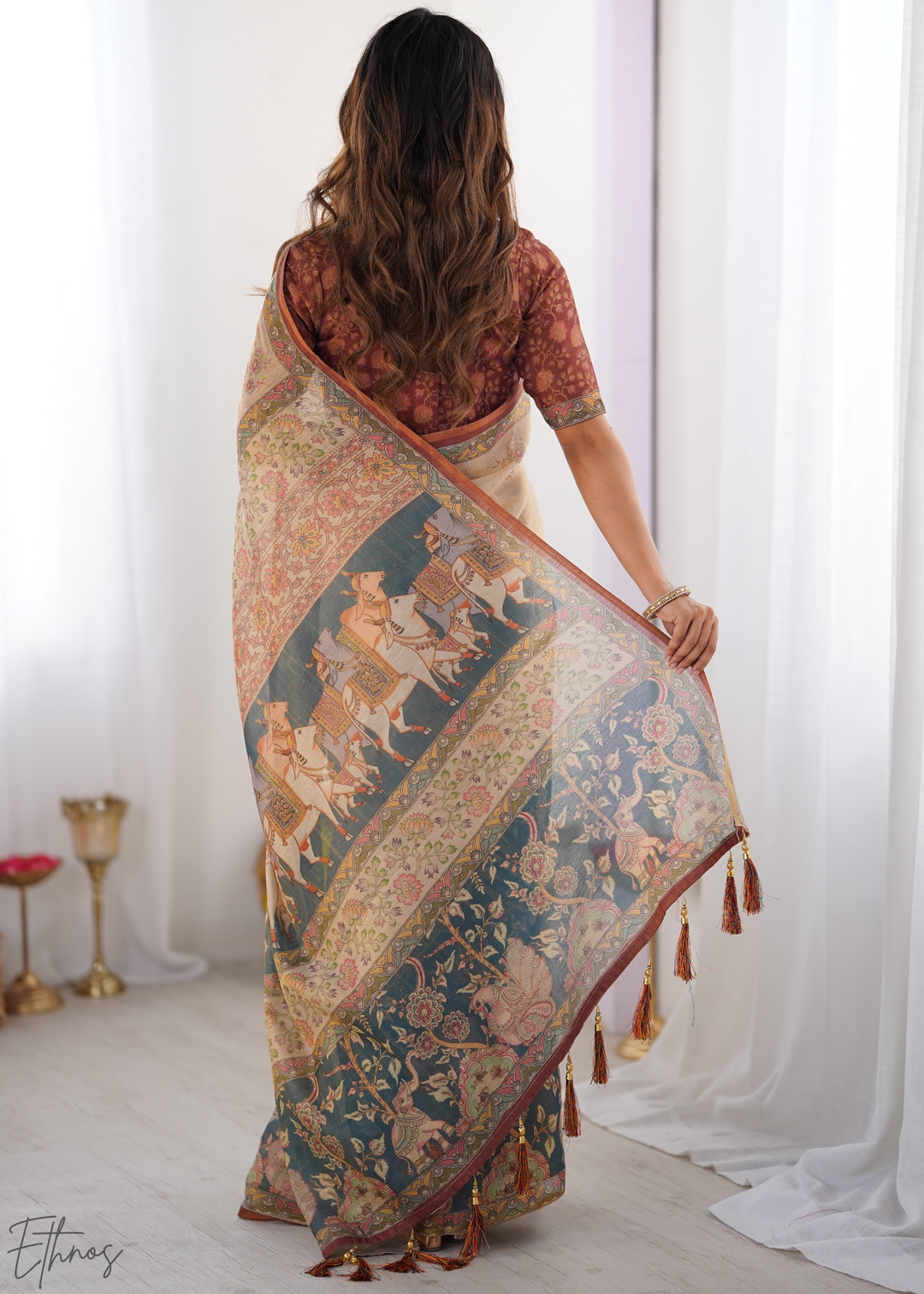 Beige Royal Heritage Cotton Linen Saree
