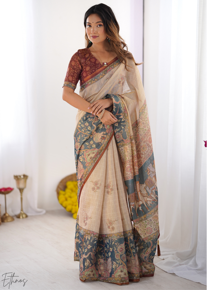 Beige Royal Heritage Cotton Linen Saree