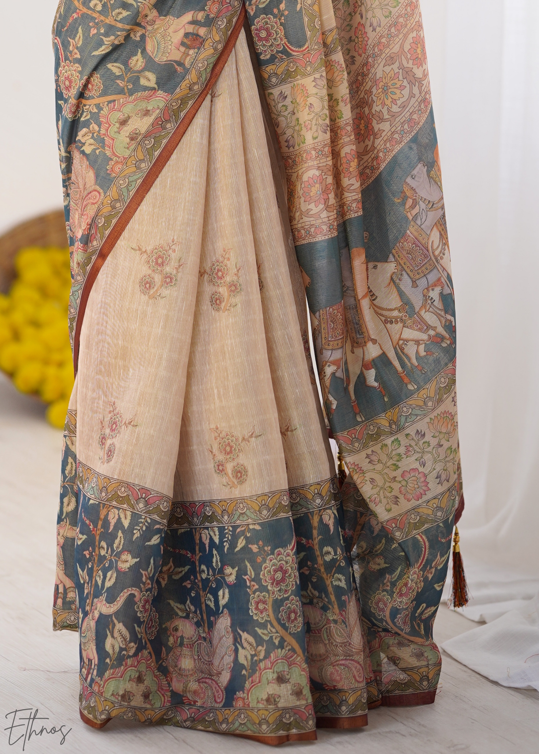 Beige Royal Heritage Cotton Linen Saree