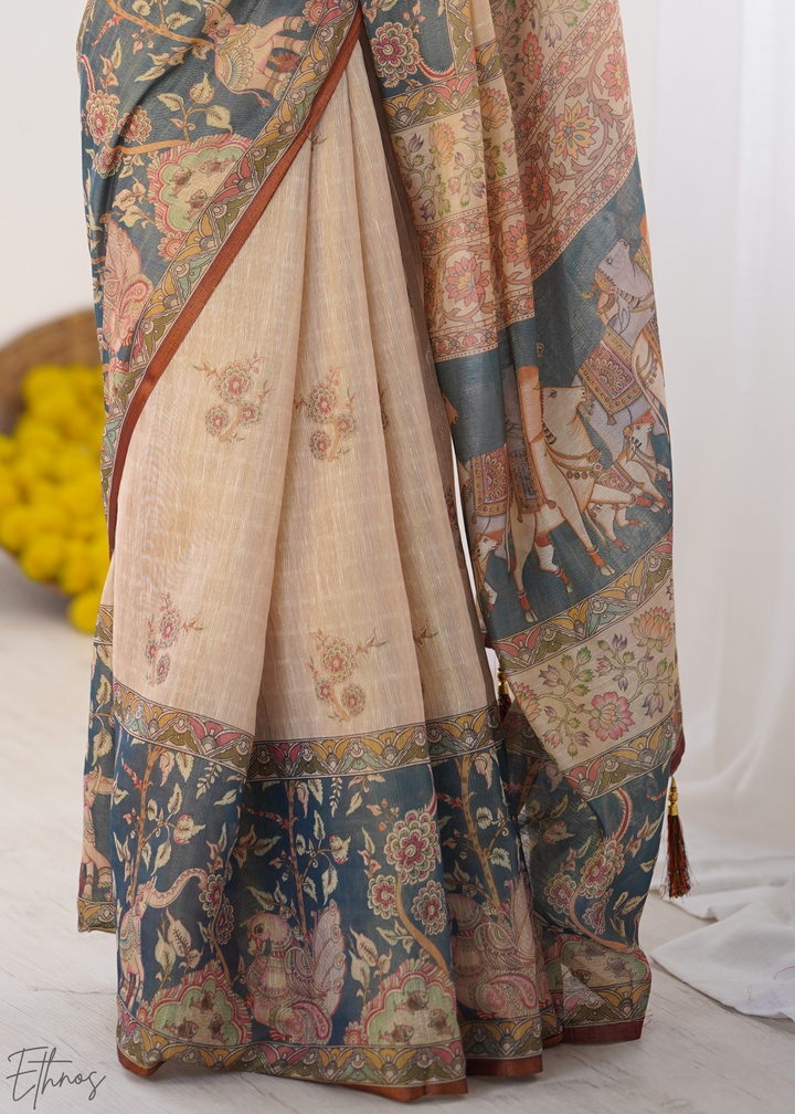 Beige Royal Heritage Cotton Linen Saree
