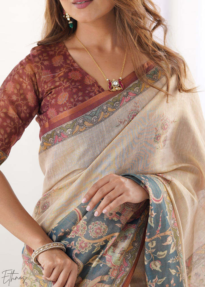 Beige Royal Heritage Cotton Linen Saree