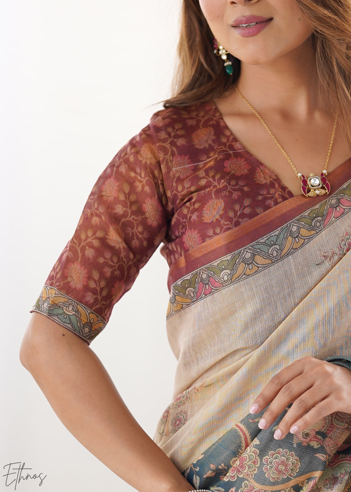 Beige Royal Heritage Cotton Linen Saree