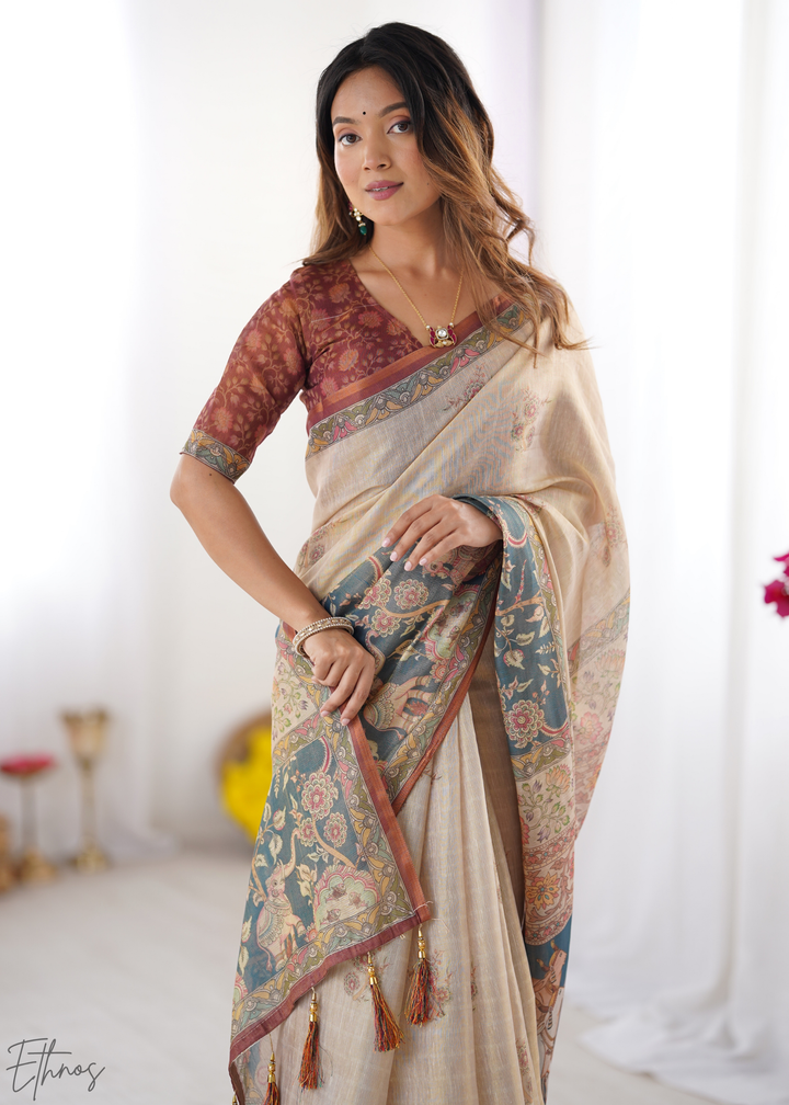 Beige Royal Heritage Cotton Linen Saree
