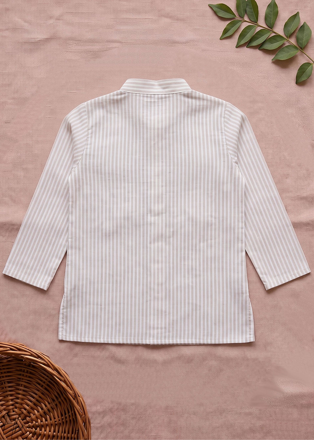 Beige Toucan Embroidered Organic Cotton Striped Kurta Pajama Set