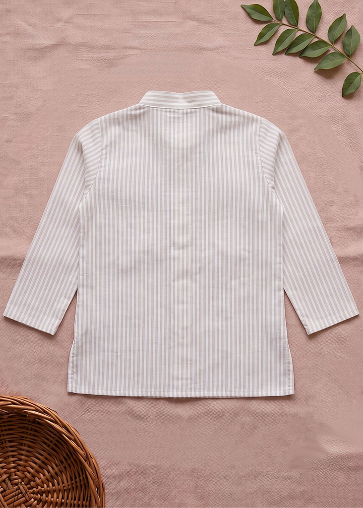 Beige Toucan Embroidered Organic Cotton Striped Kurta Pajama Set