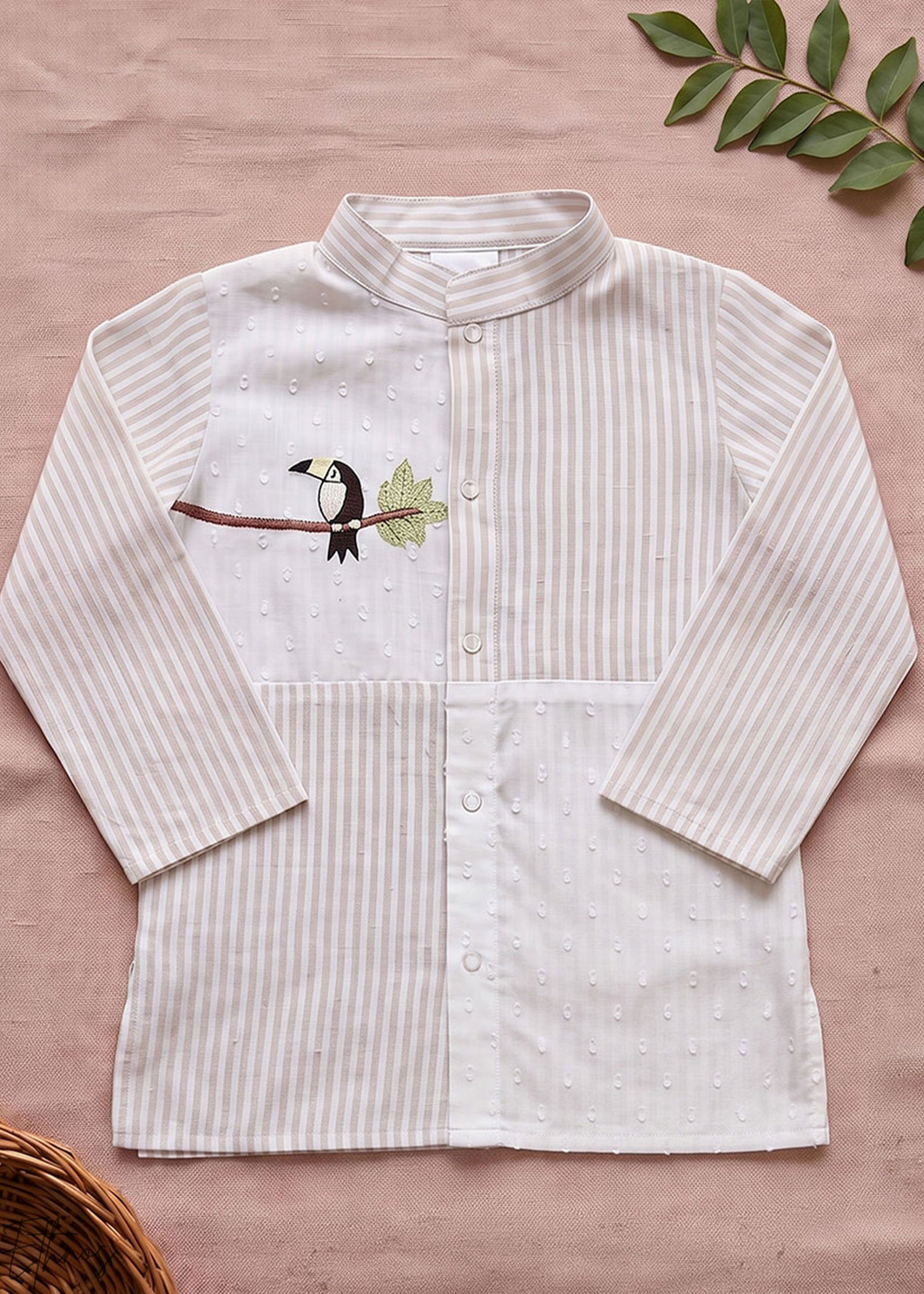 Beige Toucan Embroidered Organic Cotton Striped Kurta Pajama Set