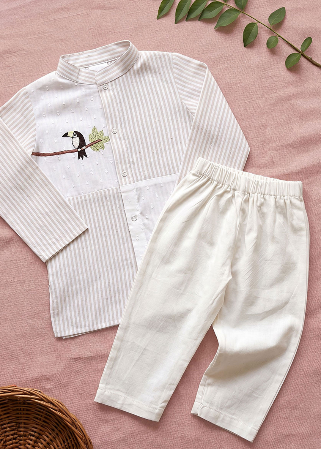Beige Toucan Embroidered Organic Cotton Striped Kurta Pajama Set