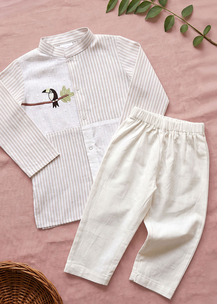 Beige Toucan Embroidered Organic Cotton Striped Kurta Pajama Set