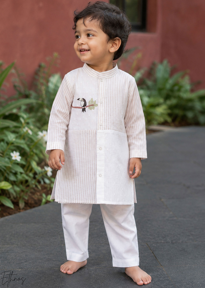 Beige Toucan Embroidered Organic Cotton Striped Kurta Pajama Set
