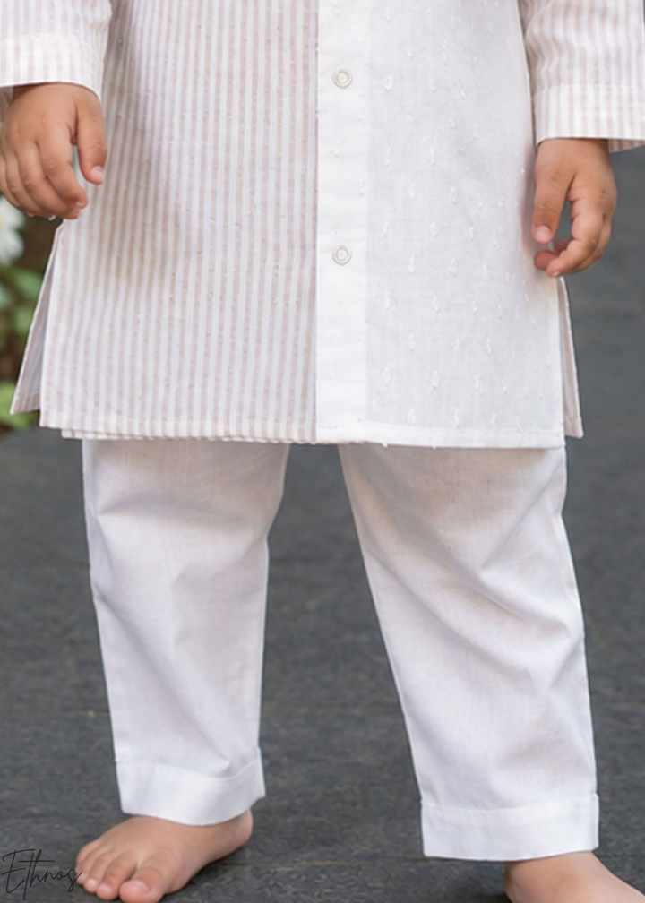 Beige Toucan Embroidered Organic Cotton Striped Kurta Pajama Set