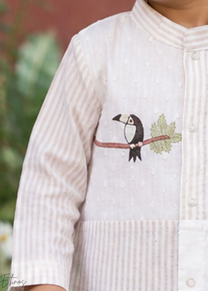 Beige Toucan Embroidered Organic Cotton Striped Kurta Pajama Set