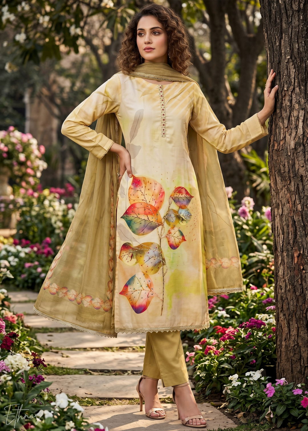 Beige Watercolor-Blossom Rayon Cotton Palazzo Suit