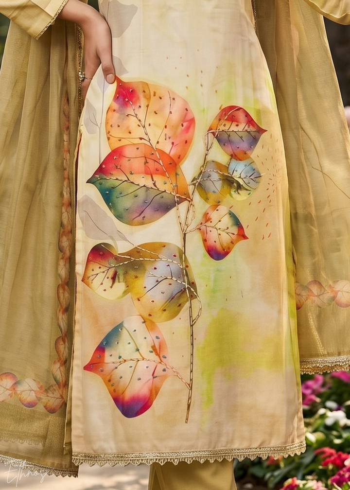 Beige Watercolor-Blossom Rayon Cotton Palazzo Suit