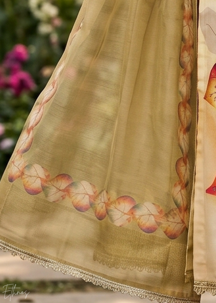 Beige Watercolor-Blossom Rayon Cotton Palazzo Suit