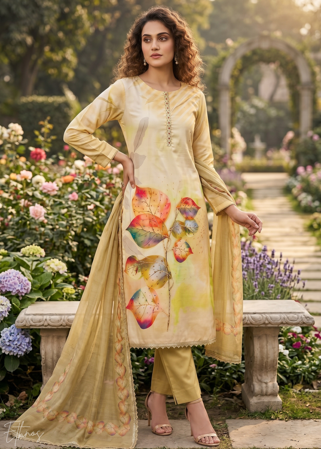 Beige Watercolor-Blossom Rayon Cotton Palazzo Suit
