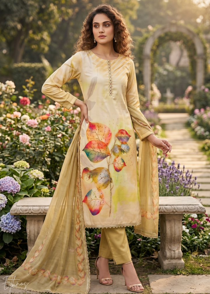 Beige Watercolor-Blossom Rayon Cotton Palazzo Suit