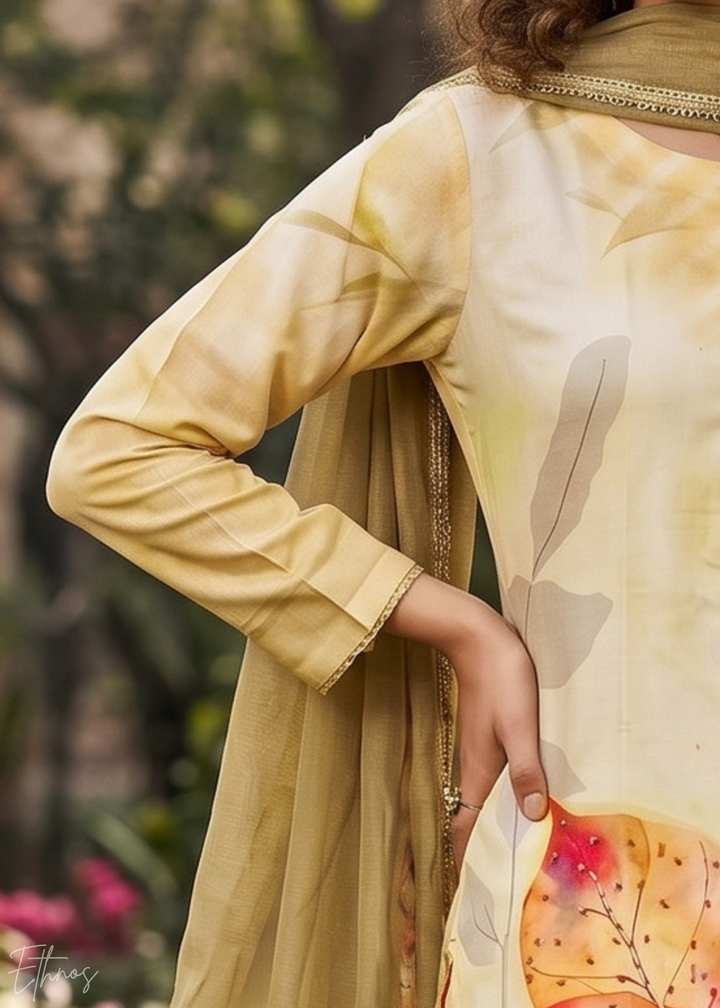 Beige Watercolor-Blossom Rayon Cotton Palazzo Suit