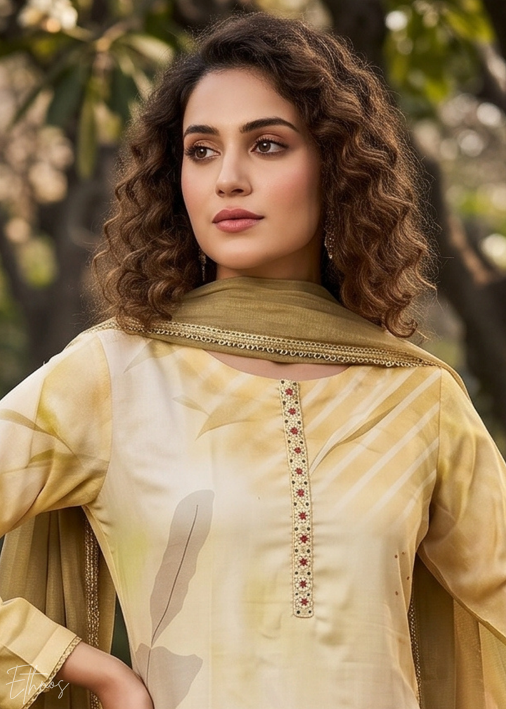 Beige Watercolor-Blossom Rayon Cotton Palazzo Suit
