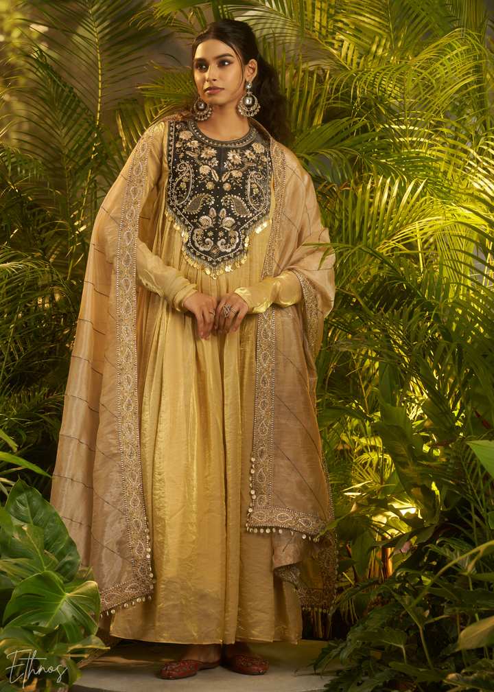Beige Zardozi Organza Kalidar Kurta & Dupatta Set