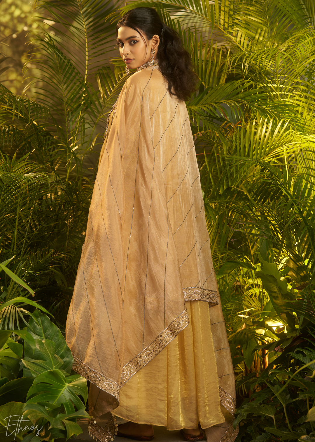 Beige Zardozi Organza Kalidar Kurta & Dupatta Set