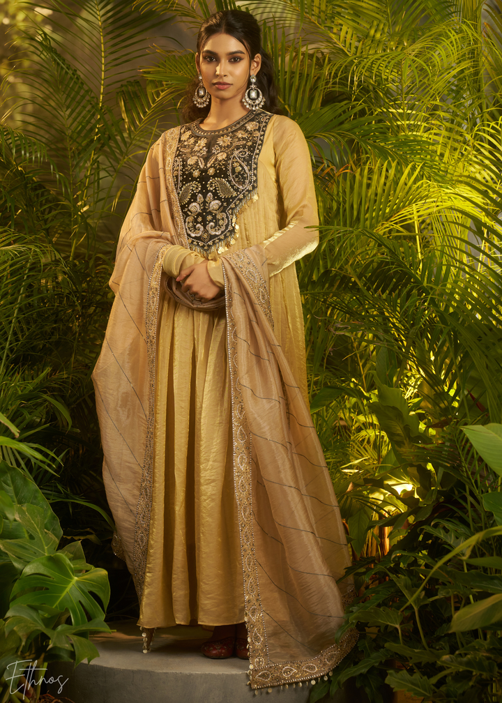Beige Zardozi Organza Kalidar Kurta & Dupatta Set